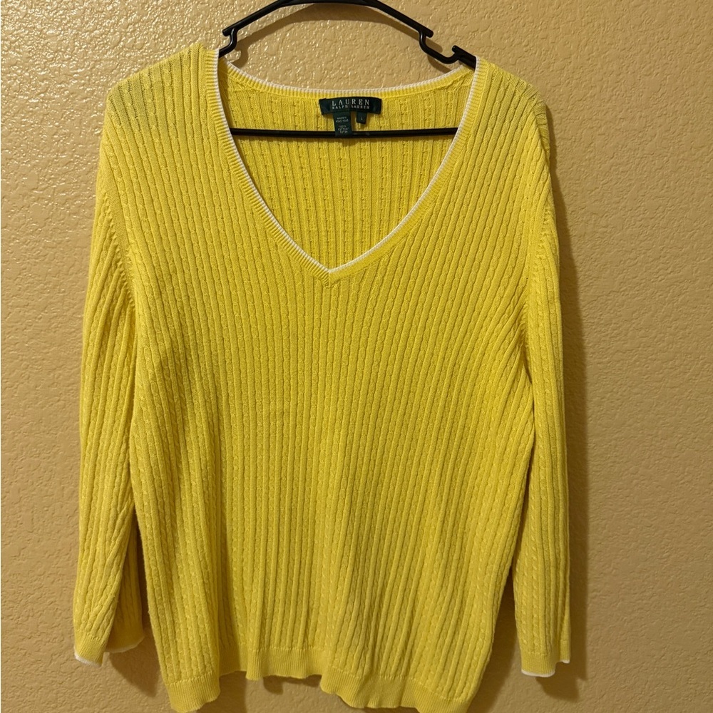 Ralph Lauren Y2K Early 2000 Cable Knit Yellow V-Neck Sweater